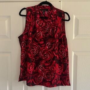 White House Black Market Red and Black Rose-Print Sleeveless Top